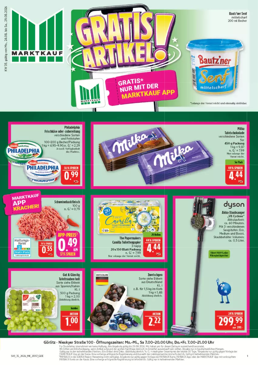 Aktueller Prospekt Marktkauf - Prospekt - von 23.08 bis 29.08.2026 - strona 1 - produkty: akku, Akku-Staubsauger, Bau, Becher, Behälter, Dyson, eis, elle, fleisch, frischkäse, hackfleisch, Käse, korb, milka, papier, philadelphia, schoko, schokolade, schwein, schweine, Schweinehackfleisch, senf, staubsauger, tafelschokolade, tafeltrauben, tee, Ti, toilettenpapier, trauben, uhr, wein, weine