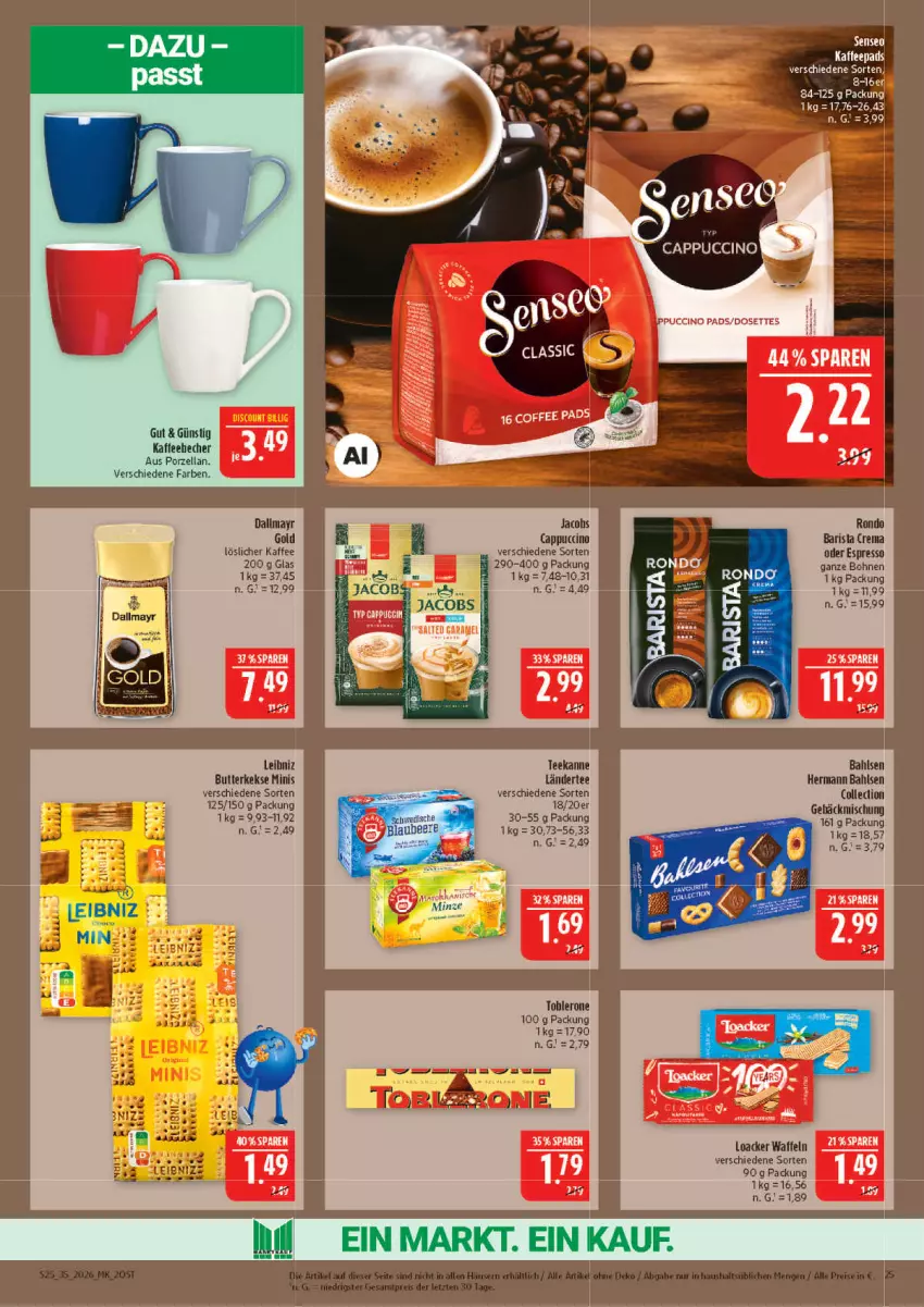 Aktueller Prospekt Marktkauf - Prospekt - von 23.08 bis 29.08.2026 - strona 25 - produkty: bahlsen, bohne, bohnen, butter, butterkeks, Cap, cappuccino, cin, dallmayr, dallmayr gold, espresso, kaffee, keks, kekse, Ländertee, leibniz, löslicher kaffee, minze, oder espresso, tee, teekanne, Ti, toblerone, waffeln