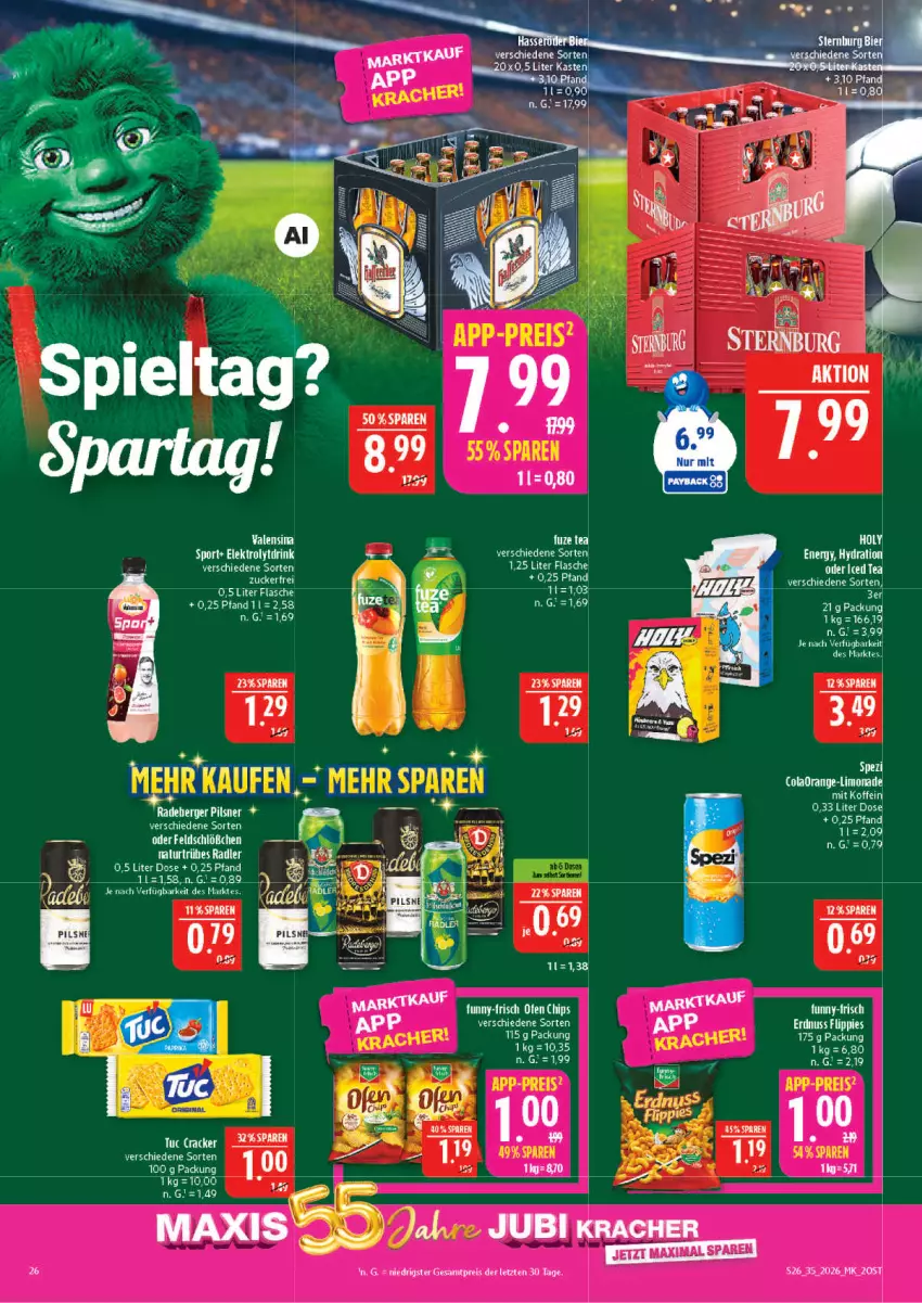 Aktueller Prospekt Marktkauf - Prospekt - von 23.08 bis 29.08.2026 - strona 26 - produkty: Berger, chips, drink, eier, eis, Elektro, erdnuss, flasche, flippies, funny-frisch, kracher, nuss, Ofen, pils, pilsner, radeberger, radeberger pilsner, reis, Sport, tee, valensina