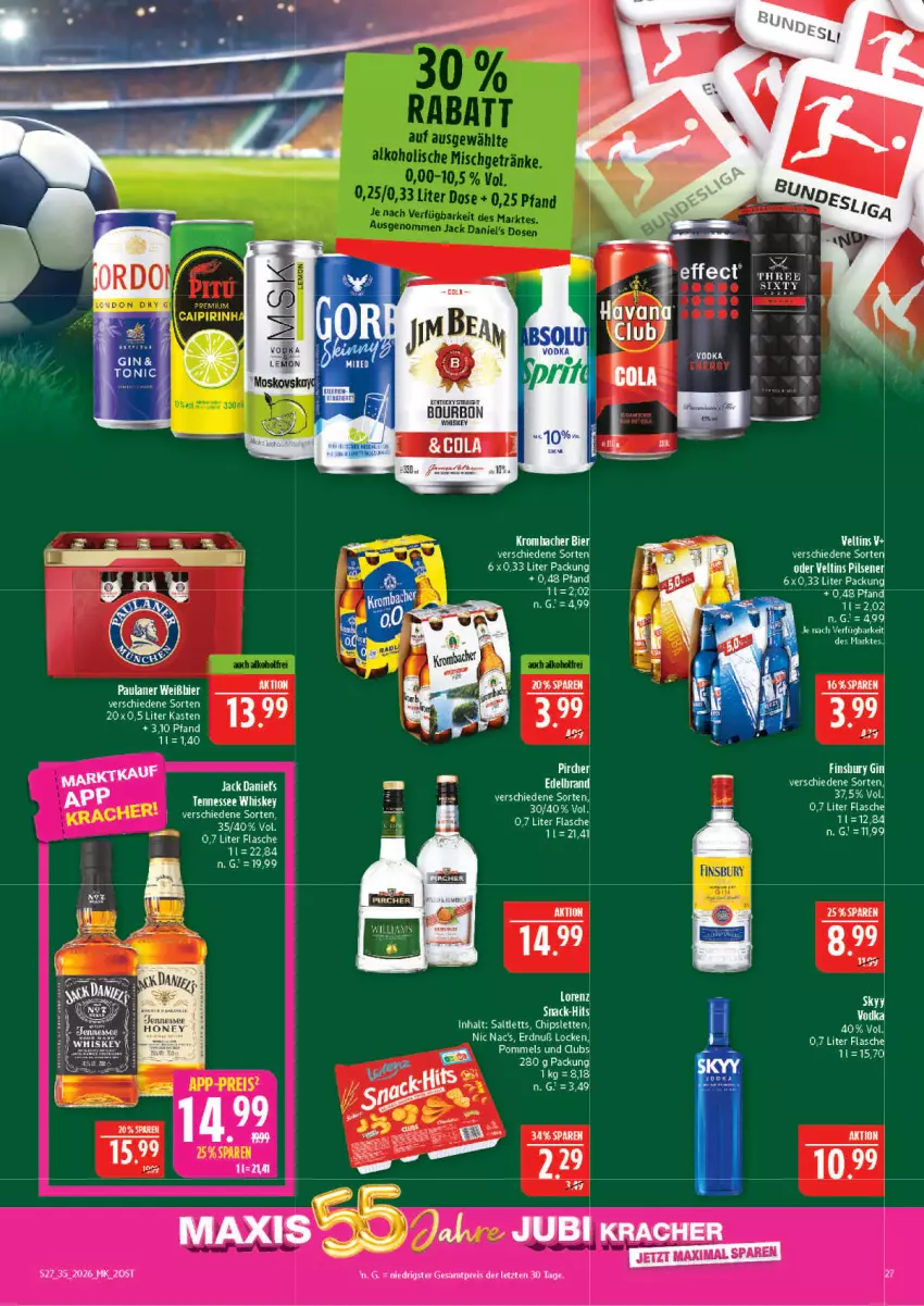 Aktueller Prospekt Marktkauf - Prospekt - von 23.08 bis 29.08.2026 - strona 27 - produkty: alkohol, bourbon, chips, cola, ente, flasche, getränk, getränke, jack daniel, jack daniel's, kracher, Pommels, saltletts, Ti