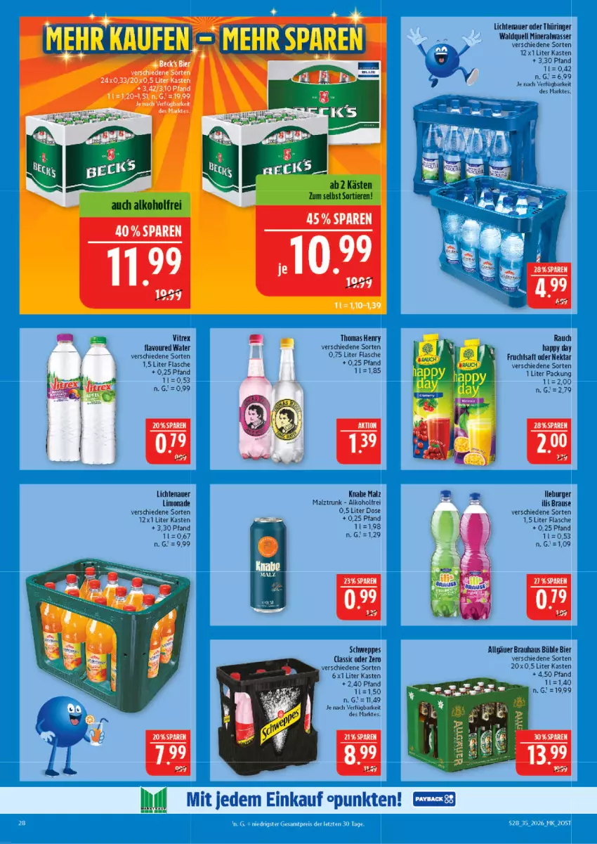 Aktueller Prospekt Marktkauf - Prospekt - von 23.08 bis 29.08.2026 - strona 28 - produkty: alkohol, Alwa, auer, bier, brause, burger, flasche, frucht, fruchtsaft, Happy Day, LG, lichtenauer, limo, limonade, malz, mineralwasser, Nektar, Rauch, ring, saft, schweppes, thomas henry, uhr, vitrex, wasser, Yo