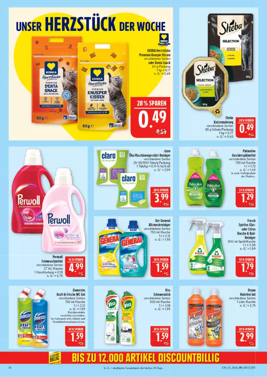 Aktueller Prospekt Marktkauf - Prospekt - von 23.08 bis 29.08.2026 - strona 30 - produkty: allzweckreiniger, Bad, bio, biozidprodukte, citrus, deka, discount, domestos, dusche, eis, feinwaschmittel, flasche, Frosch, geschirr, geschirrspülmittel, Heu, katzennahrung, kissen, kraft, LG, milch, olive, palmolive, perwoll, Rauch, reiniger, reis, rwe, Schal, Schale, scheuermilch, sheba, snack, spiritus, sprühflasche, spülmittel, Ti, waschmittel, weck, ZTE