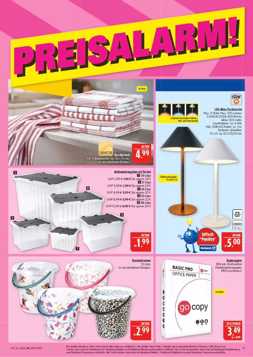 Aktueller Prospekt Marktkauf - Prospekt - von 23.08 bis 29.08.2026 - strona 37 - produkty: akku, auer, aufbewahrungsbox, decke, Deckel, din a4, eimer, eis, kopierpapier, Leuchte, papier, reis, schuhe, Sport, Ti, tisch, tischleuchte, usb