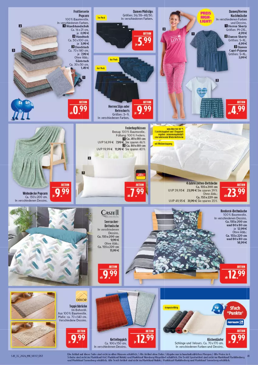 Aktueller Prospekt Marktkauf - Prospekt - von 23.08 bis 29.08.2026 - strona 41 - produkty: Bau, baumwolle, bett, bettwäsche, Cap, damen short, decke, duschtuch, eis, elle, gästetuch, handtuch, Kette, kissen, küche, Küchen, Läufer, popcorn, Pyjama, reis, retroshorts, schuhe, seersucker, shorts, shorty, slip, slips, Sport, teppich, Ti, tuc, waschhandschuh, wolle