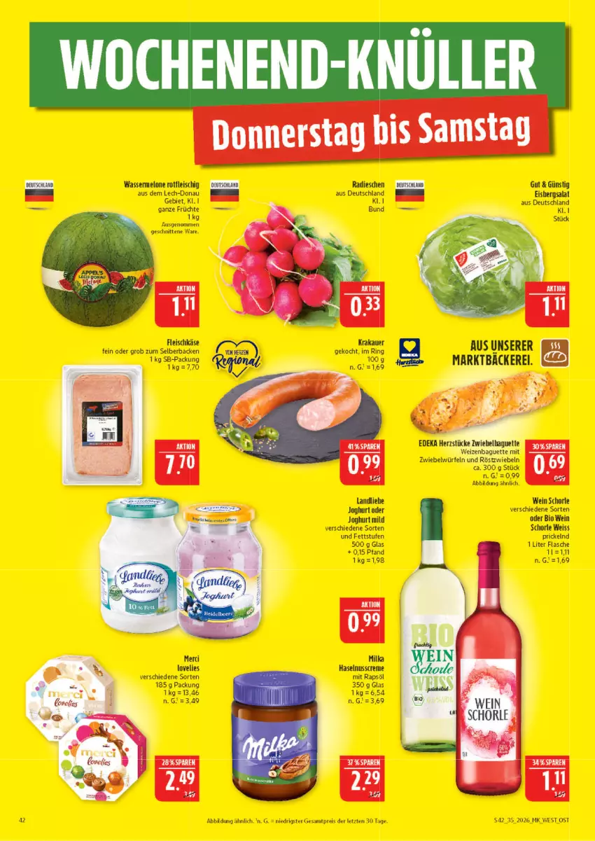 Aktueller Prospekt Marktkauf - Prospekt - von 23.08 bis 29.08.2026 - strona 42 - produkty: auer, bio, creme, eis, eisbergsalat, flasche, fleisch, fleischkäse, früchte, haselnuss, Haselnusscreme, joghur, joghurt, joghurt mild, Käse, krakauer, melone, merci, milka, nuss, radieschen, rapsöl, reis, ring, röstzwiebeln, salat, schnitten, schorle, Ti, wasser, wassermelone, wein, würfel, Yo, ZTE, zwiebel, zwiebeln