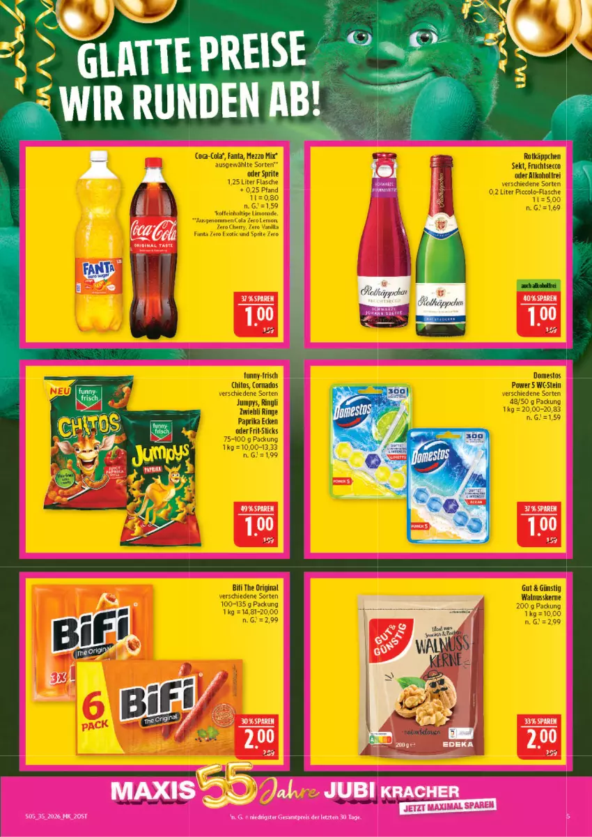Aktueller Prospekt Marktkauf - Prospekt - von 23.08 bis 29.08.2026 - strona 5 - produkty: alkohol, bifi, cola, domestos, ecco, fanta, flasche, Frit-Sticks, frucht, fruchtsecco, funny-frisch, gin, limo, limonade, Mezzo Mix, nuss, oder sprite, paprika, ring, rotkäppchen, sekt, sprite, Ti, Tiere, walnuss, walnusskerne