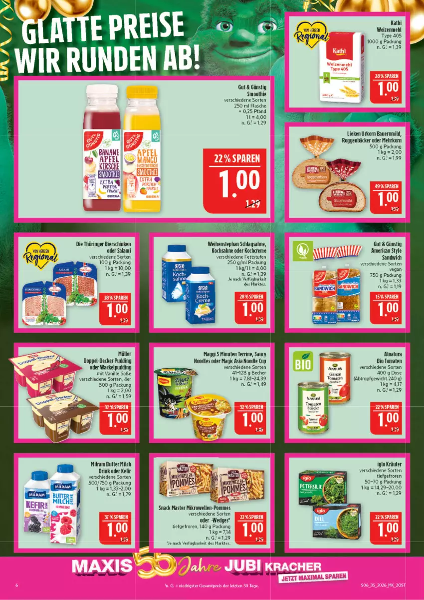 Aktueller Prospekt Marktkauf - Prospekt - von 23.08 bis 29.08.2026 - strona 6 - produkty: auer, Bau, Bauer, Becher, bier, bierschinken, bio, butter, creme, decke, drink, eis, elle, iglo, Kefir, Kochcreme, korn, kräuter, lieken, maggi, mehl, mikrowelle, milch, milram, Müller, natur, natura, pommes, pudding, reis, ring, sahne, salami, sandwich, schinken, schlagsahne, smoothie, snack, Soße, terrine, Ti, tomate, tomaten, type 405, urkorn, vanille, wedges, weihenstephan, weizenmehl