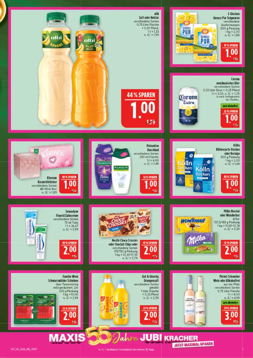 Aktueller Prospekt Marktkauf - Prospekt - von 23.08 bis 29.08.2026 - strona 7 - produkty: alkohol, Bad, bier, Blüte, chips, choclait chips, choco crossies, creme, crossies, duschbad, eis, flasche, kölln, kosmetik, Kosmetiktücher, Michel Schneider, milka, Nektar, nuss, olive, orange, orangen, orangensaft, palmolive, reis, saft, schinken, schwarzwälder schinken, sensodyne, sensodyne fluorid, teigwaren, Ti, tücher, wein, zahncreme