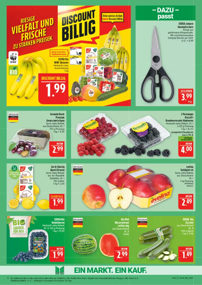 Aktueller Prospekt Marktkauf - Prospekt - von 23.08 bis 29.08.2026 - strona 8 - produkty: banane, bananen, beere, beeren, bio, brombeere, brombeeren, deka, discount, driscoll's, edeka bio, eis, himbeer, himbeere, himbeeren, nuss, regal, reis, Schere, tafeläpfel, Ti, zitrone, zitronen, ZTE