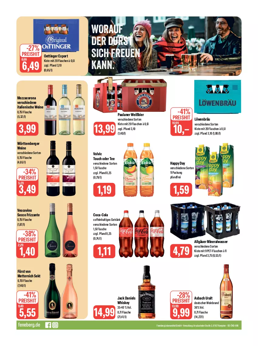 Aktueller Prospekt Feneberg - Prospekte - von 07.12 bis 09.12.2023 - strona 16 - produkty: Alwa, asbach uralt, Berger, bier, coca-cola, coffein, cola, corona, ecco, eis, flasche, frizzante, fürst von metternich, getränk, Happy Day, jack daniel, jack daniels, lebensmittel, LG, Mett, metternich, mezzacorona, mineralwasser, oettinger, Paula, paulaner, pet-flasche, pet-flaschen, reis, sekt, tee, Ti, vescovino, volvic, wasser, wein, weinbrand, weine, whiskey