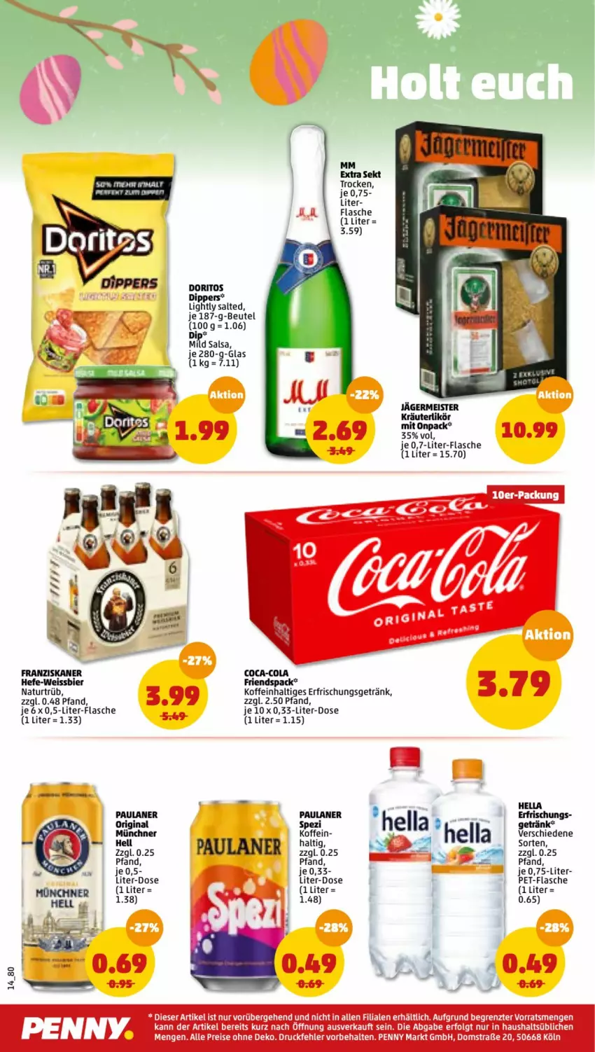 Aktueller Prospekt Penny - Prospekte - von 28.03 bis 02.04.2022 - strona 14 - produkty: beutel, bier, coca-cola, cola, dip, eis, erfrischungsgetränk, flasche, Germ, getränk, gin, Hefe, hella, jägermeister, kräuter, kräuterlikör, LG, likör, Meister, mm extra, natur, Paula, paulaner, pet-flasche, reis, Salsa, sekt, Spezi, Ti, weissbier, ZTE