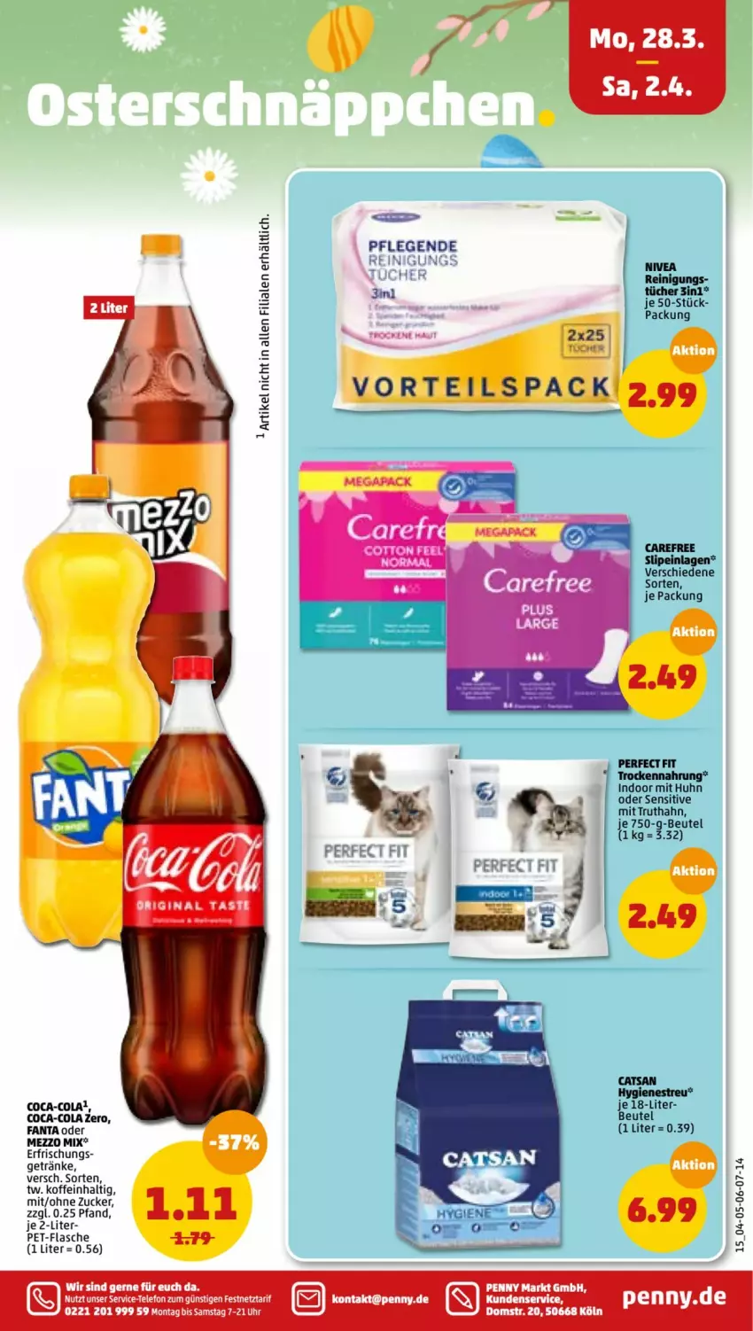 Aktueller Prospekt Penny - Prospekte - von 28.03 bis 02.04.2022 - strona 15 - produkty: beutel, carefree, catsan, coca-cola, cola, fanta, fanta oder, flasche, getränk, getränke, Mezzo Mix, nivea, Perfect Fit, pet-flasche, slip, slipeinlagen, Ti, Trockennahrung, truthahn, uhr, zucker