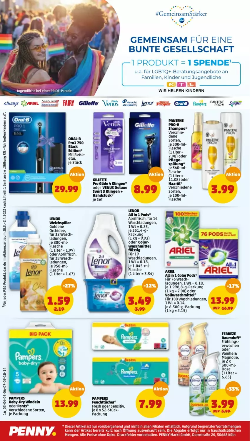 Aktueller Prospekt Penny - Prospekte - von 28.03 bis 02.04.2022 - strona 16 - produkty: Alwa, Always, angebot, angebote, ariel, baby-dry, eis, febreze, feuchttücher, flasche, gillette, Kinder, lack, lenor, lenor weichspüler, LG, oral-b, orchidee, pampers, pantene, Pants, Pods, pril, pro-v, Raumduft, reis, shampoo, spülung, swirl, Ti, tücher, vanille, venus, vollwaschmittel, waschmittel, weichspüler, windeln