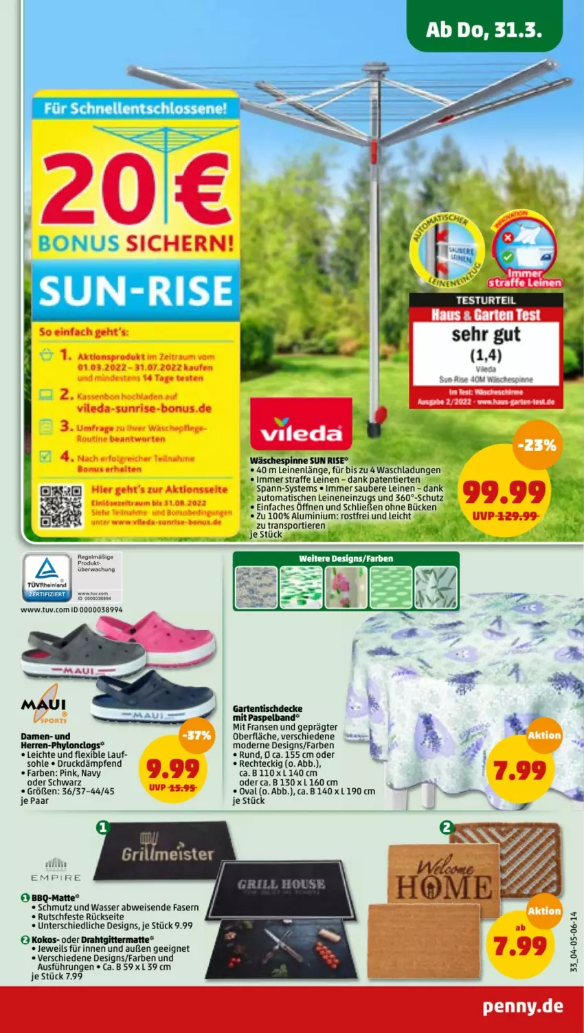 Aktueller Prospekt Penny - Prospekte - von 28.03 bis 02.04.2022 - strona 33 - produkty: auto, Clogs, decke, Draht, eis, erde, Garten, gartentisch, grill, Hylo, kokos, leine, LG, Meister, Mode, Sport, Ti, Tiere, tisch, tischdecke, vileda, wäschespinne, wasser, Yo