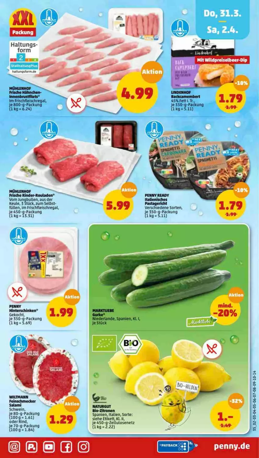 Aktueller Prospekt Penny - Prospekte - von 28.03 bis 02.04.2022 - strona 35 - produkty: bio, bio-zitronen, eis, feinschmecker, fleisch, gurke, hinterschinken, jungbullen, pasta, Pastagericht, regal, rind, rinder, rinder-rouladen, rouladen, schinken, schwein, Ti, wein, wiltmann, zitrone, zitronen