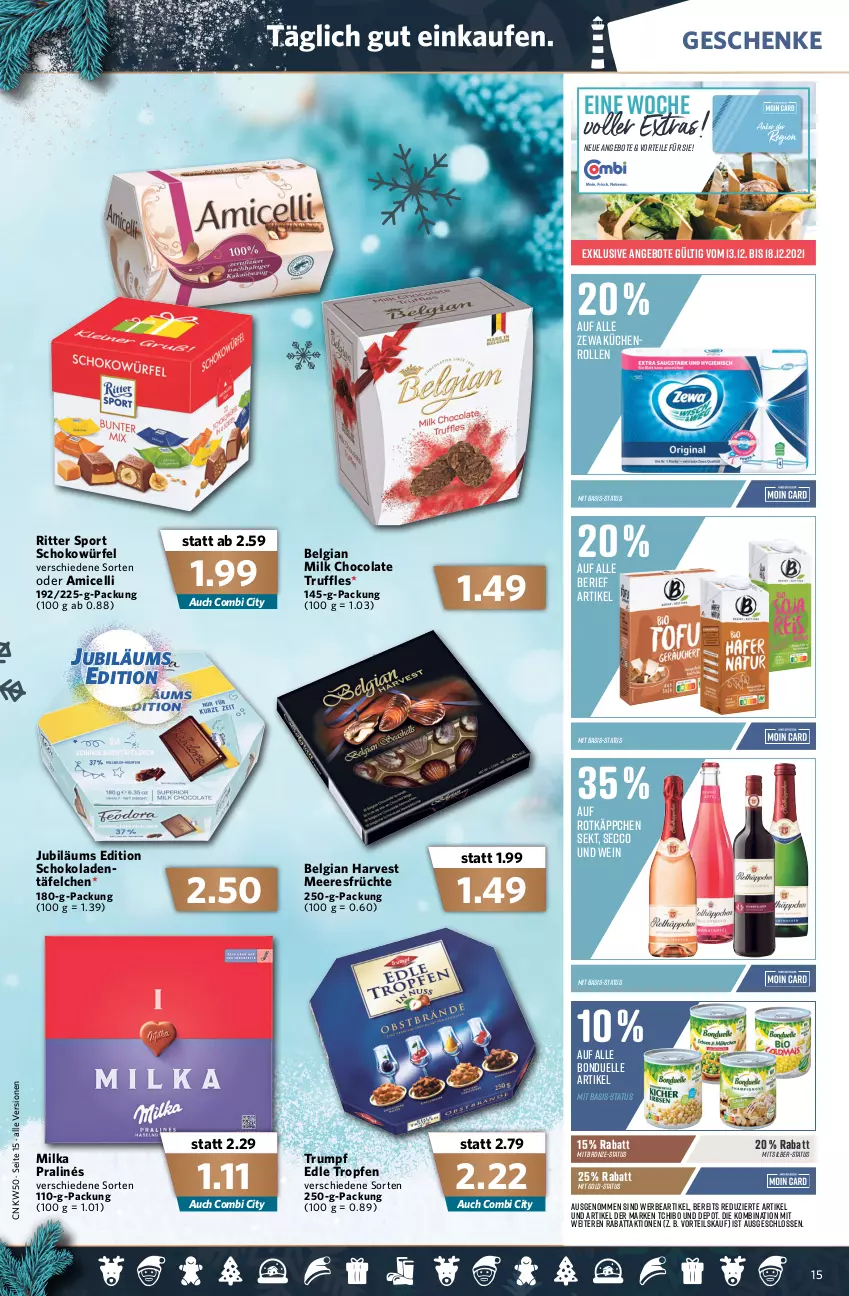 Aktueller Prospekt Combi - Prospekte - von 13.12 bis 18.12.2021 - strona 17 - produkty: amicelli, angebot, angebote, bonduelle, cola, ecco, elle, früchte, Jubiläums, küche, Küchen, küchenrolle, küchenrollen, LG, meeresfrüchte, milka, ritter, ritter sport, rotkäppchen, rum, schoko, schokolade, schokoladen, schokowürfel, sekt, Sport, Tchibo, Ti, wein, würfel, zewa