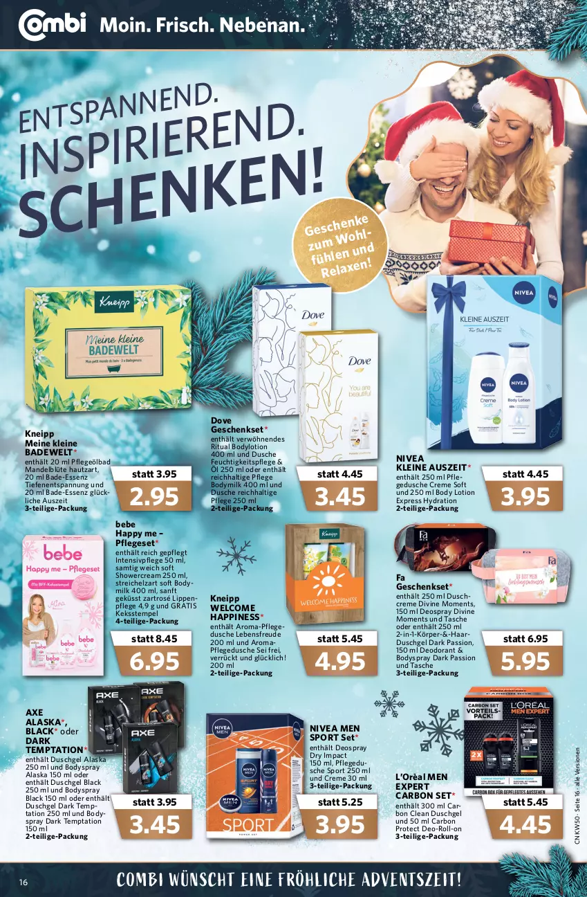 Aktueller Prospekt Combi - Prospekte - von 13.12 bis 18.12.2021 - strona 18 - produkty: axe, Bad, Bebe, Blüte, body, body lotion, bodylotion, Bodymilk, bodyspray, creme, deo, deodorant, deospray, dove, duschcreme, dusche, duschgel, feuchtigkeitspflege, geschenkset, keks, Keksstempel, kneipp, lack, leine, Lippenpflege, Lotion, mandel, nivea, Nivea Men, pflegedusche, Pflegeöl, roll-on, Sport, Tasche, Ti