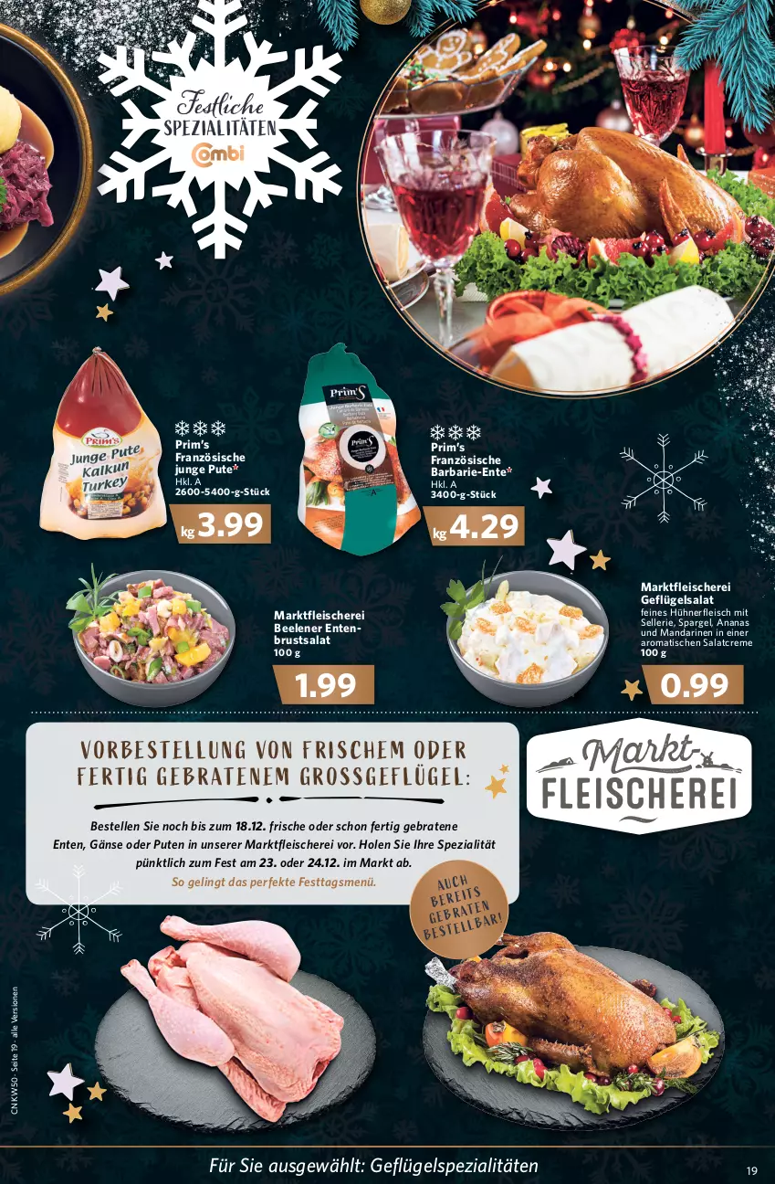 Aktueller Prospekt Combi - Prospekte - von 13.12 bis 18.12.2021 - strona 21 - produkty: ananas, braten, creme, eis, elle, ente, Entenbrust, fleisch, Fleischerei, Geflügel, geflügelsalat, hühner, mandarine, mandarinen, nerf, pute, salat, salatcreme, Schere, spargel, Spezi, Ti, tisch