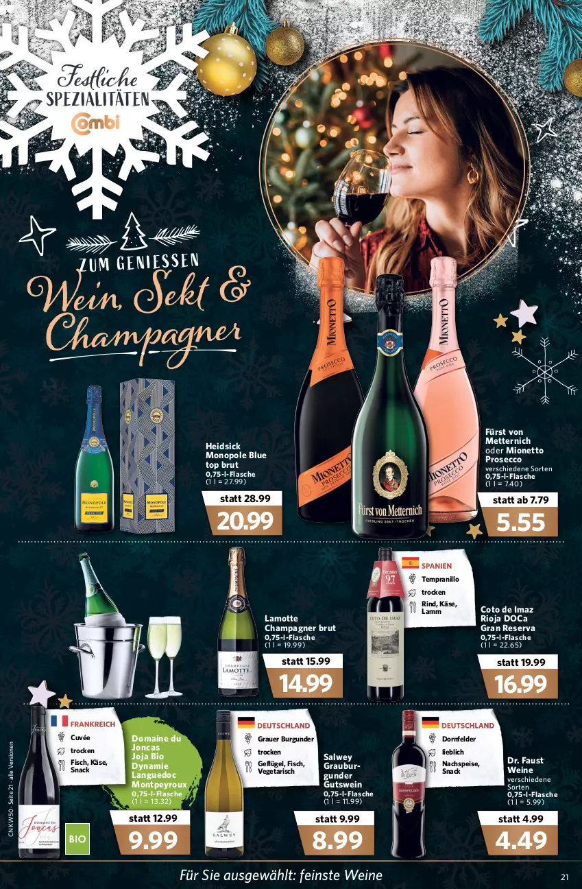 Aktueller Prospekt Combi - Prospekte - von 13.12 bis 18.12.2021 - strona 23 - produkty: auer, aust, bio, brut, burgunder, champagne, champagner, cuvée, dornfelder, ecco, eis, fisch, flasche, fürst von metternich, Geflügel, grauburgunder, grauer burgunder, Käse, lamm, Mett, metternich, mionetto, prosecco, rind, rioja, sekt, snack, Spezi, tempranillo, Vegeta, wein, weine