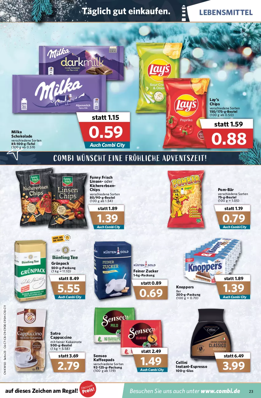 Aktueller Prospekt Combi - Prospekte - von 13.12 bis 18.12.2021 - strona 25 - produkty: beutel, Cap, cappuccino, chips, cin, erbsen, espresso, Funny Frisch, getränk, getränke, kaffee, kaffeepads, kakao, kichererbsen, knoppers, lebensmittel, linsen, milka, milka schokolade, pom-bär, regal, schoko, schokolade, senseo, zucker