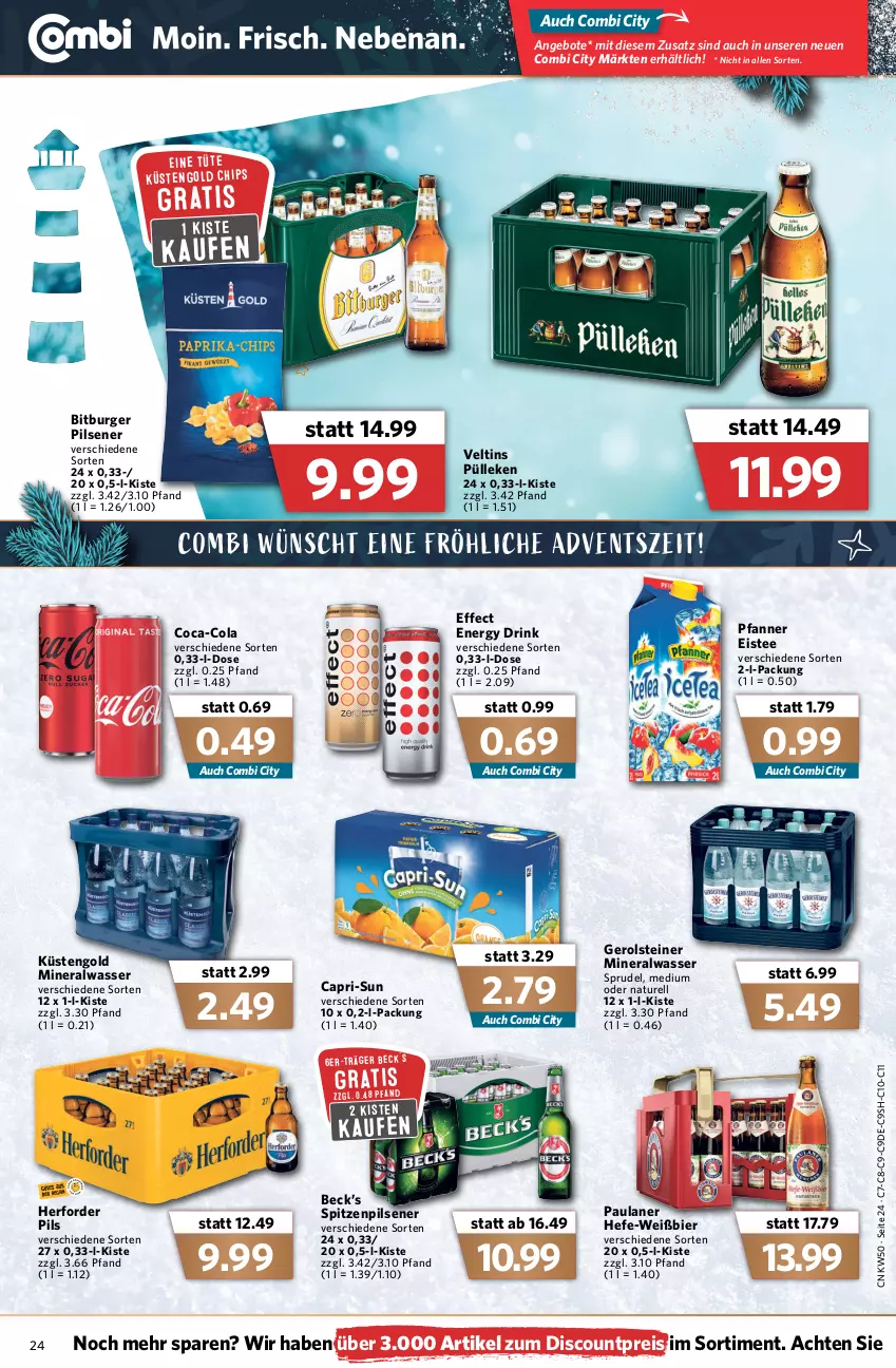 Aktueller Prospekt Combi - Prospekte - von 13.12 bis 18.12.2021 - strona 26 - produkty: Alwa, angebot, angebote, bier, bitburger, bitburger pils, burger, Cap, capri-sun, chips, coca-cola, cola, discount, drink, Effect, eis, eistee, energy drink, gerolsteine, gerolsteiner, Hefe, küstengold, mineralwasser, natur, Paula, paulaner, pfanne, Pfanner, pils, pilsener, reis, rel, sim, Sprudel, steiner, tee, Ti, Tüte, veltins, wasser