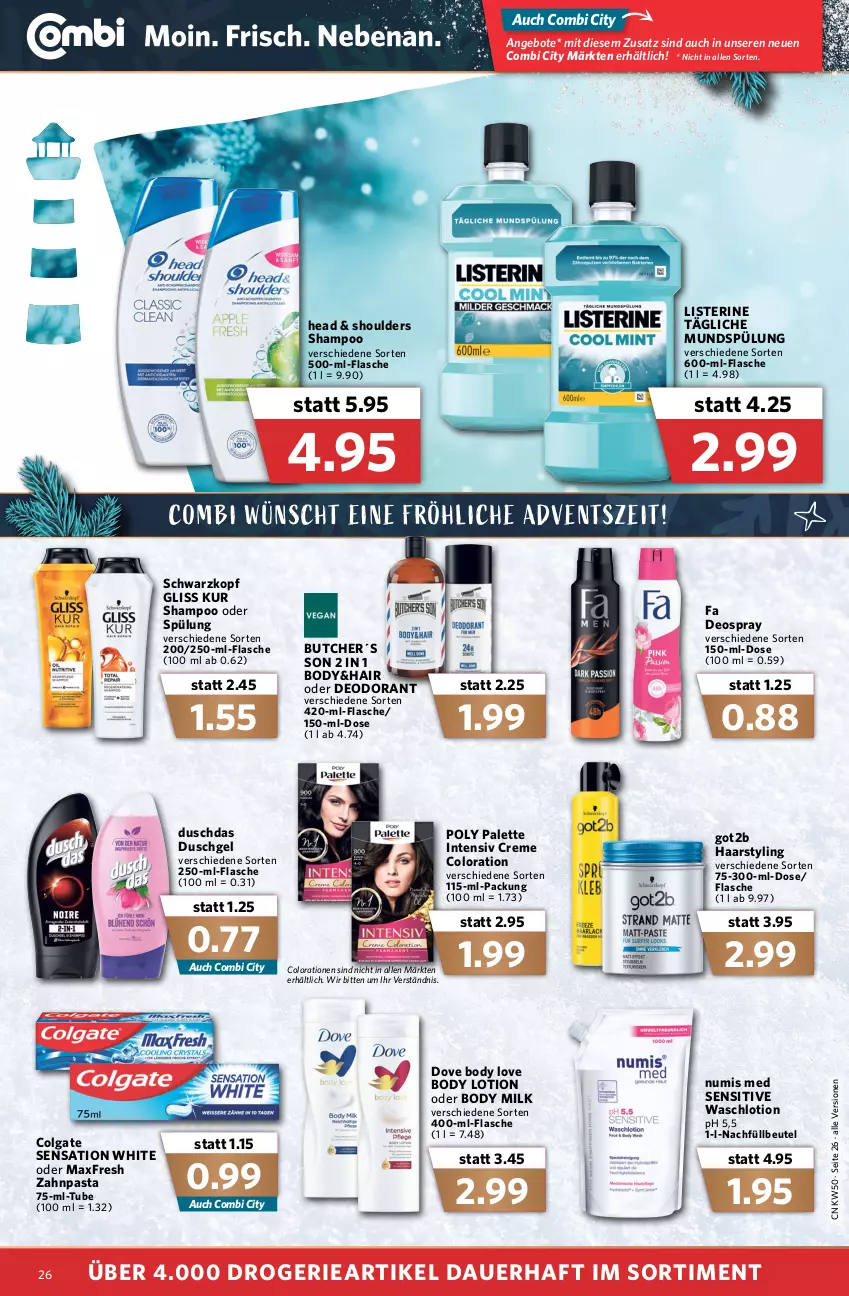 Aktueller Prospekt Combi - Prospekte - von 13.12 bis 18.12.2021 - strona 28 - produkty: angebot, angebote, auer, beutel, body, body lotion, body milk, colgate, Colorationen, creme, deo, deodorant, deospray, dove, duschdas, duschgel, flasche, gliss, gliss kur, got2b, LG, listerine, Lotion, mundspülung, Palette, pasta, schwarzkop, schwarzkopf, shampoo, shampoo oder spülung, spülung, Ti, Waschlotion, zahnpasta