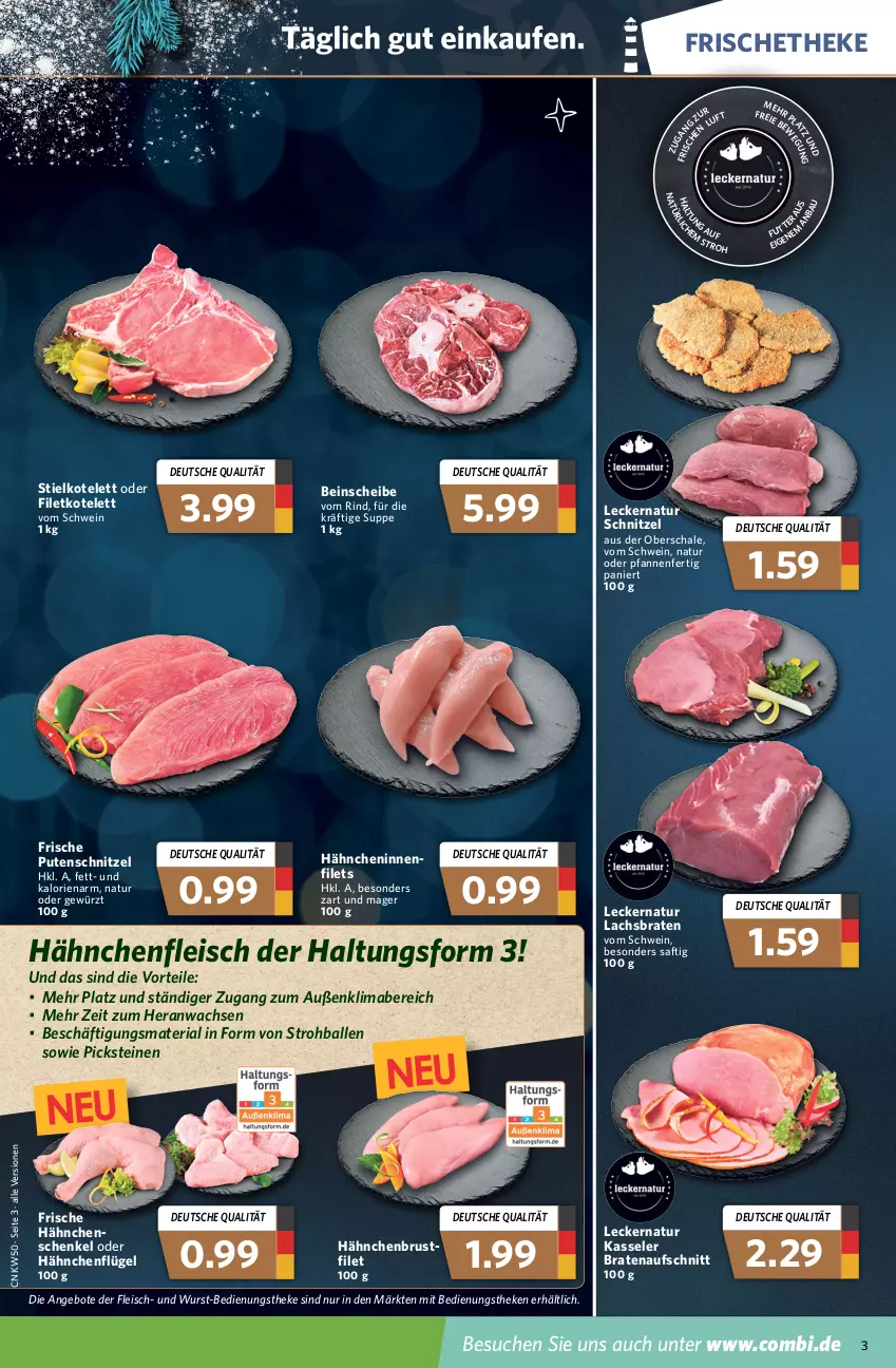 Aktueller Prospekt Combi - Prospekte - von 13.12 bis 18.12.2021 - strona 3 - produkty: angebot, angebote, aufschnitt, ball, braten, bratenaufschnitt, eis, filet, filets, fleisch, Frische Hähnchen, getränk, getränke, gewürz, hähnchenbrust, Hähnchenfleisch, hähnchenflügel, henkel, kasseler, kotelett, lachs, Lachsbraten, mab, natur, pfanne, pfannen, pute, putenschnitzel, Ria, rind, saft, Schal, Schale, schenkel, schnitzel, schwein, suppe, Ti, wein, wurst