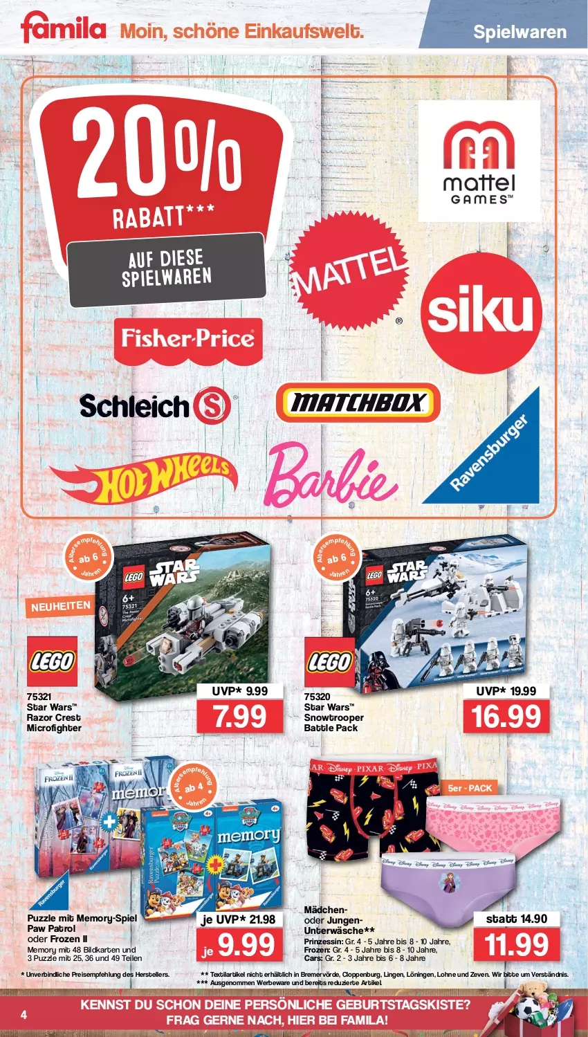 Aktueller Prospekt Famila - Prospekte - von 04.04 bis 09.04.2022 - strona 4 - produkty: Cars, eis, elle, Paw Patrol, Puzzle, reis, spielwaren, teller, Ti, Unterwäsche