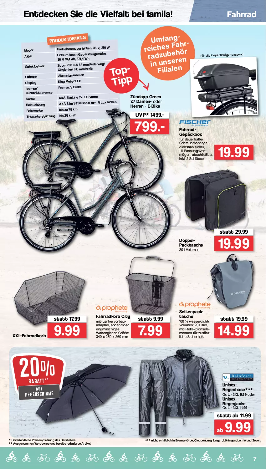 Aktueller Prospekt Famila - Prospekte - von 04.04 bis 09.04.2022 - strona 7 - produkty: adapter, akku, auer, Bau, beleuchtung, Brei, decke, E-Bike, eis, elle, ente, Fahrrad, gabel, hose, Jacke, korb, promax, reis, rwe, sattel, schirme, Tasche, teller, Ti, wasser