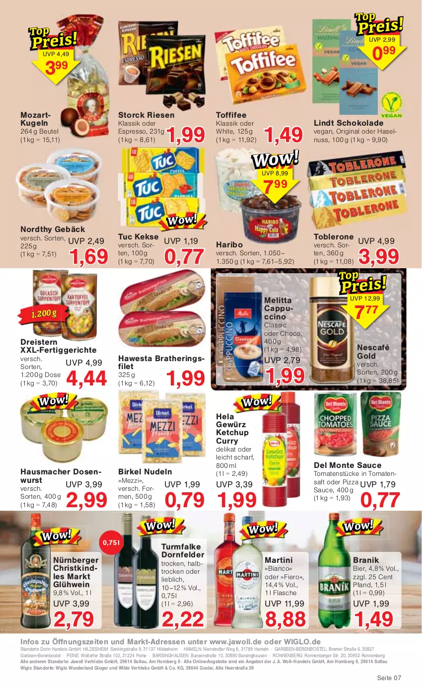 Aktueller Prospekt Jawoll - Prospekte - von 22.01 bis 27.01.2024 - strona 7 - produkty: angebot, angebote, Berger, beutel, bier, birkel, Cap, cappuccino, cin, curry, dornfelder, Dosenwurst, dreistern, eis, espresso, fertiggericht, fertiggerichte, filet, flasche, gewürz, gin, Glühwein, haribo, haselnuss, Hausmacher, hawesta, Hela, hering, Herings, iglo, keks, kekse, ketchup, Kindle, Kugel, lindt, mac, martini, melitta, monte, Nescafé, nescafé gold, nudel, nudeln, nürnberger, nuss, oder espresso, pizza, reis, ring, saft, sauce, schoko, schokolade, storck, Ti, toblerone, toffifee, tomate, tomaten, Tomatensaft, Tomatenstücke, tuc, wein, Wild, wurst