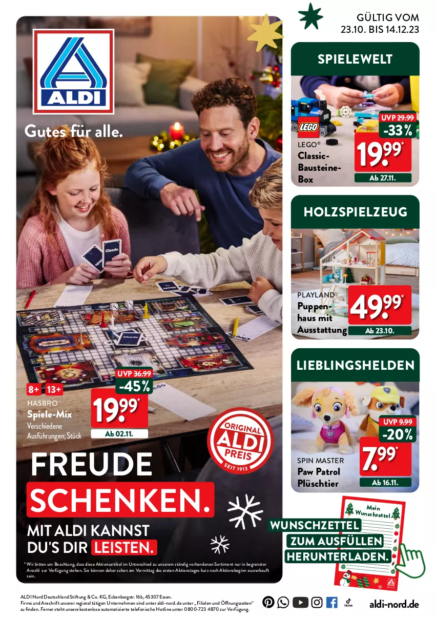 Aktueller Prospekt Aldi Nord - Weihnachten: Spielzeug - von 23.10 bis 14.12.2023 - strona 1 - produkty: aldi, aust, auto, Bau, eis, gin, Hasbro, Holz, Paw Patrol, Plüsch, Puppe, Spiele, spielzeug, telefon, Ti, ZTE