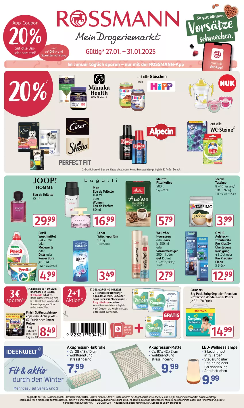 Aktueller Prospekt Rossmann - Prospekte - von 06.01 bis 31.01.2025 - strona 1 - produkty: akku, angebot, angebote, aqua, baby-dry, bio, bürste, Cap, coupon, Domol, Eau de parfum, eau de toilette, eau de toilette 100 ml, fernbedienung, feuchttücher, filterkaffee, Finish, haarspray, jacobs, jacobs tassimo, kaffee, Kinder, Kindernahrung, lack, Lampe, lebensmittel, lenor, megaperls, melitta, oder schaumfestiger, oral-b, pampers, Pants, parfum, persil, persil waschmittel, precision clean, Reinigung, schaumfestiger, sim, Sport, spülmaschinen, tasse, tassimo, Ti, tücher, wäscheparfüm, waschmittel, WC-Steine, Wella, wellaflex, windeln, windeln oder pants, zahnbürste