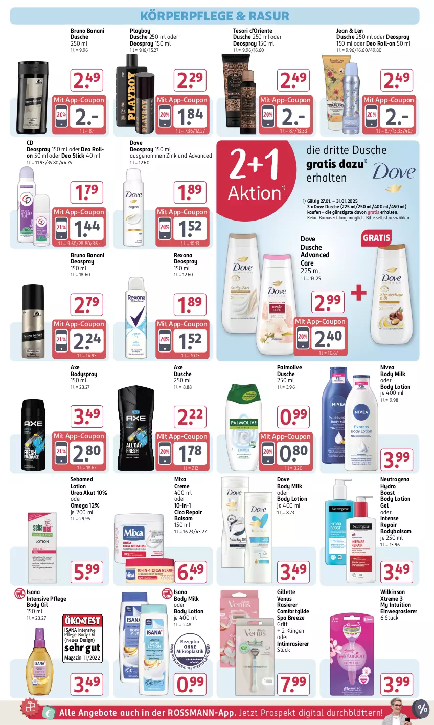 Aktueller Prospekt Rossmann - Prospekte - von 06.01 bis 31.01.2025 - strona 10 - produkty: angebot, angebote, axe, balsam, body, body lotion, body milk, bodyspray, bree, bruno banani, coupon, creme, deo, deo roll-on, deospray, deospray 150 ml, dove, dusche, einwegrasierer, ente, gillette, gillette venus, isana, körperpflege, Lotion, magazin, Mixa, neutrogena, nivea, oder deo roll-on, oder deospray, olive, omega, palmolive, Playboy, rasierer, rexona, roll-on, sana, sebamed, Ti, venus, wilkinson