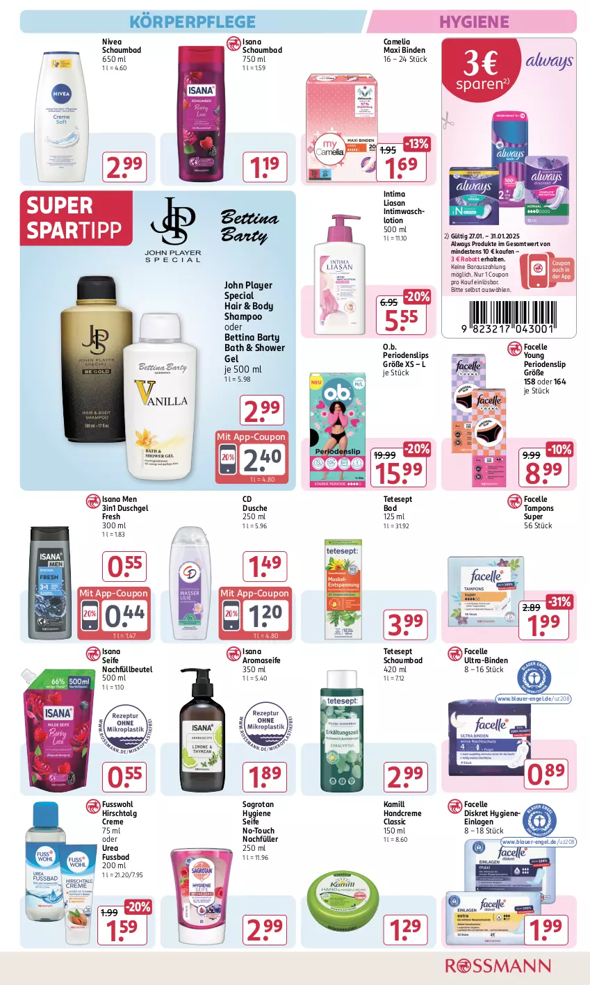 Aktueller Prospekt Rossmann - Prospekte - von 06.01 bis 31.01.2025 - strona 11 - produkty: Alwa, Always, auer, Bad, bett, beutel, binden, body, camelia, coupon, creme, dusche, duschgel, elle, Engel, Facelle, Fusswohl, handcreme, isana, Kamill, körperpflege, LG, Lotion, nivea, O.b., sagrotan, sana, schaumbad, Seife, shampoo, slip, slips, spartipp, Tampon, tampons, Ti, Ultra-Binden, Waschlotion, Yo