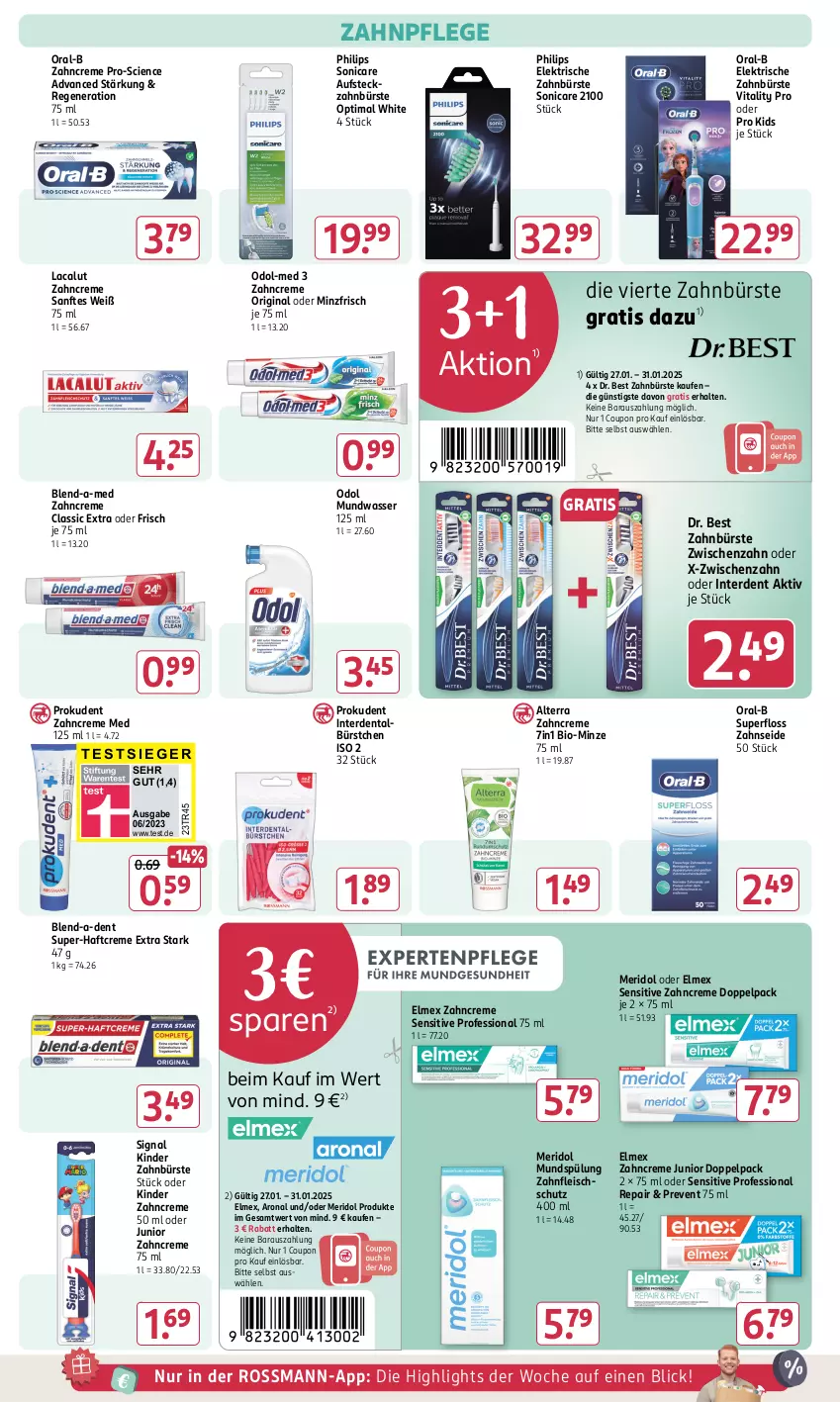 Aktueller Prospekt Rossmann - Prospekte - von 06.01 bis 31.01.2025 - strona 12 - produkty: alterra, bio, blend-a-med, bürste, Cien, coupon, creme, Dr. Best, eis, elektrische zahnbürste, elmex, erde, fleisch, gin, Haftcreme, Kinder, Lacalut, meridol, minze, mundspülung, mundwasser, Odol, Odol-med 3, oral-b, Philips, Prokudent, Signal, sonicare, spülung, Ti, vita, vitality, wasser, zahnbürste, zahncreme, Zahnseide