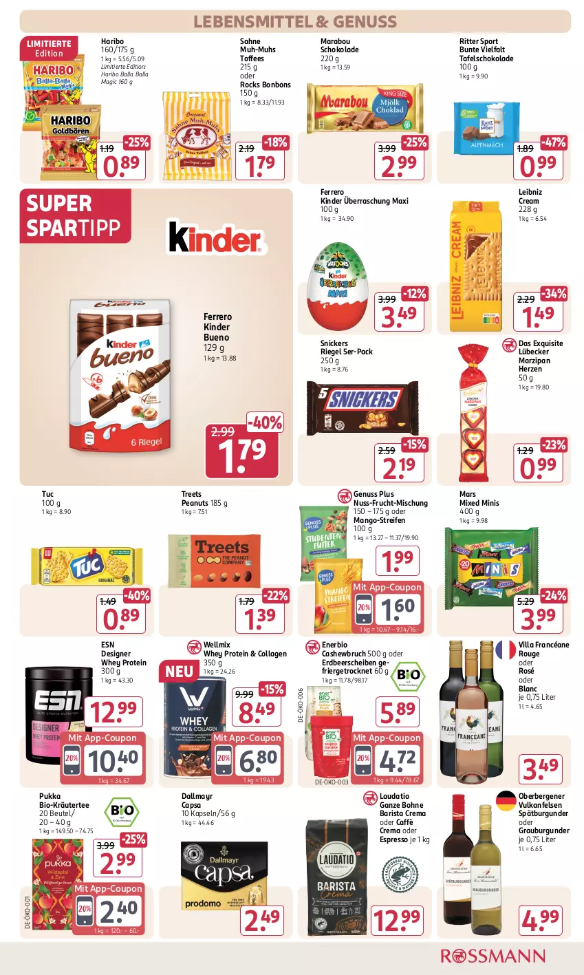 Aktueller Prospekt Rossmann - Prospekte - von 06.01 bis 31.01.2025 - strona 13 - produkty: ball, beutel, bio, bohne, bonbons, burgunder, caffè crema, Cap, Cashew, Collagen, coupon, dallmayr, dallmayr capsa, espresso, ferrero, frucht, grauburgunder, haribo, Kinder, kinder bueno, kräuter, lebensmittel, leibniz, Lübecker, mango, Marabou, mars, marzipan, nuss, oder espresso, reifen, riegel, ritter, ritter sport, rouge, sahne, schoko, schokolade, snickers, spartipp, spätburgunder, Sport, tafelschokolade, tee, Ti, tuc