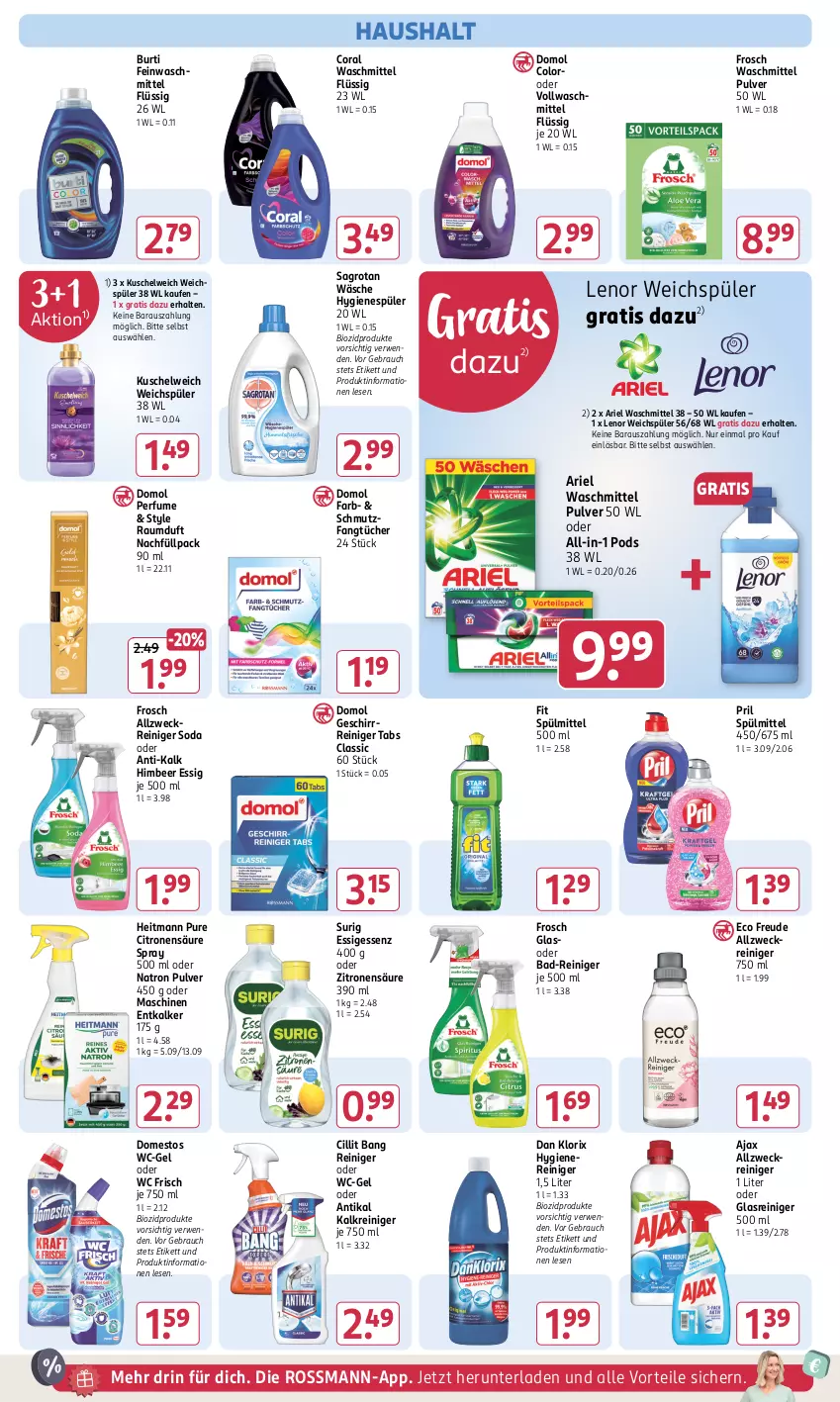 Aktueller Prospekt Rossmann - Prospekte - von 06.01 bis 31.01.2025 - strona 14 - produkty: ajax, allzweckreiniger, ariel, ariel waschmittel, Bad, Bad-Reiniger, bio, biozidprodukte, burti, Cillit, cillit bang, Coral, domestos, Domol, entkalker, essig, Fangtücher, feinwaschmittel, Frosch, geschirr, Glasreiniger, heitmann, himbeer, hygienespüler, Kalkreiniger, Kuschelweich, lenor, lenor weichspüler, Pods, pril, Rauch, Raumduft, reiniger, rwe, sagrotan, Soda, spülmittel, Ti, tücher, vollwaschmittel, waschmittel, wc frisch, wc-gel, weck, weichspüler, zitrone, zitronen