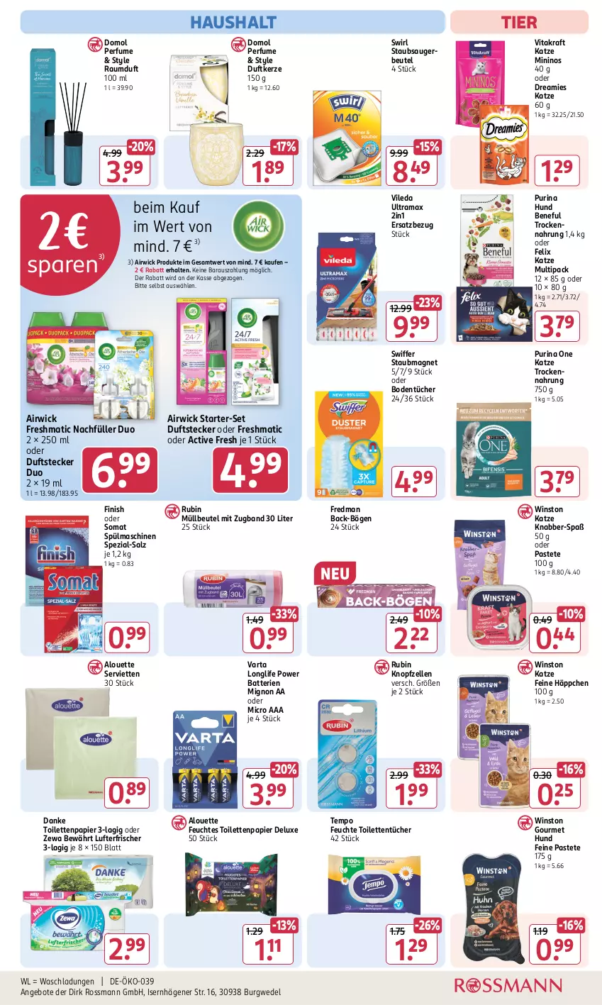 Aktueller Prospekt Rossmann - Prospekte - von 06.01 bis 31.01.2025 - strona 15 - produkty: airwick, alouette, angebot, angebote, batterie, batterien, beutel, Bodentücher, Domol, dreamies, Duftkerze, elle, felix, feuchtes toilettenpapier, Finish, kerze, kraft, longlife, lufterfrischer, müllbeutel, papier, pastete, purina, rama, Raumduft, Rubin, salz, Serviette, servietten, somat, Spezi, spülmaschinen, staubmagnet, staubsauger, staubsaugerbeutel, swiffer, swirl, Tempo, Ti, toilettenpapier, toilettentücher, Trockennahrung, tücher, varta, vileda, vita, vitakraft, wedel, WICK, zewa