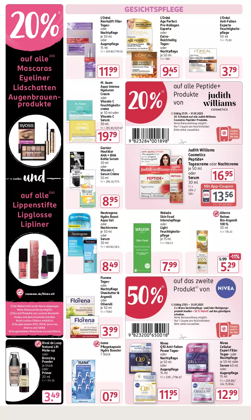 Aktueller Prospekt Rossmann - Prospekte - von 06.01 bis 31.01.2025 - strona 6 - produkty: alterra, anti-falten experte, aqua, Augenpflege, bio, butter, coupon, creme, Eyeliner, feuchtigkeitscreme, feuchtigkeitspflege, garnier, gesichtspflege, hyaluron, isana, Kollagen, kosmetik, Lipgloss, Lippenstift, Make-up, Mascara, nachtcreme, nachtpflege, natur, natura, neutrogena, nivea, olive, oliven, olivenöl, Q10, Reinigung, Revital, revitalift, rum, sana, Serum, Sheabutter, stifte, tagescreme, Ti, vita, Vitamin C, weleda