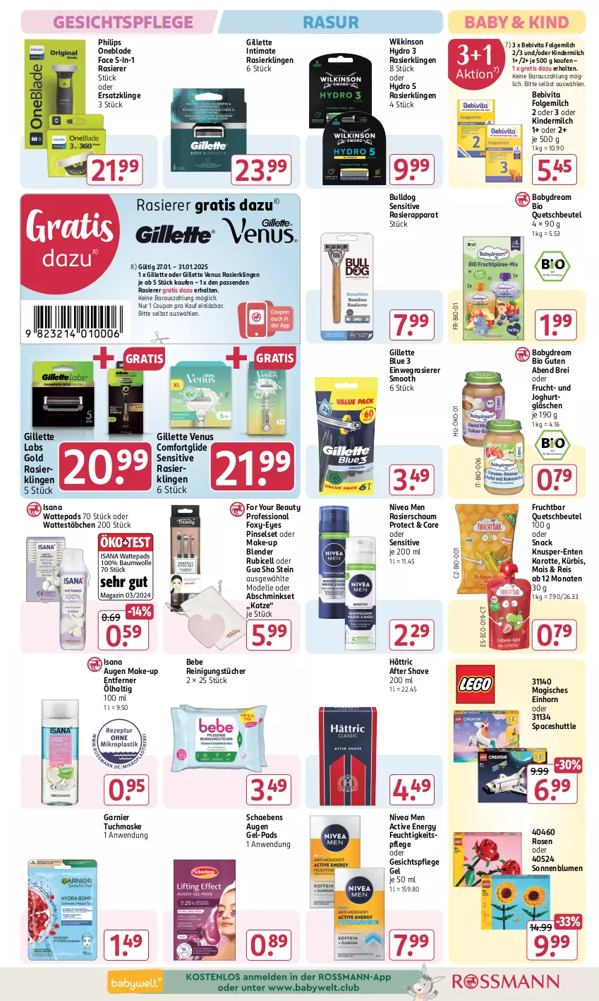 Aktueller Prospekt Rossmann - Prospekte - von 06.01 bis 31.01.2025 - strona 7 - produkty: after shave, babydream, Bebe, bebivita, beutel, bio, Blender, blume, blumen, Brei, Bulldog, coupon, dell, einwegrasierer, eis, elle, ente, feuchtigkeitspflege, folgemilch, For Your Beauty, frucht, garnier, gesichtspflege, gillette, gillette venus, isana, joghur, joghurt, Kinder, kindermilch, Kürbis, LG, mais, Make-up, Maske, milch, Mode, nivea, Nivea Men, Philips, Pinsel, Pinselset, quetschbeutel, rasierapparat, rasierer, Rasierklinge, rasierklingen, Rasierschaum, Reinigung, reinigungstücher, reis, rosen, sana, Schaebens, snack, sonnenblume, sonnenblumen, Ti, tuc, tücher, tuchmaske, venus, vita, wattepads, Wattestäbchen, wilkinson, Yo