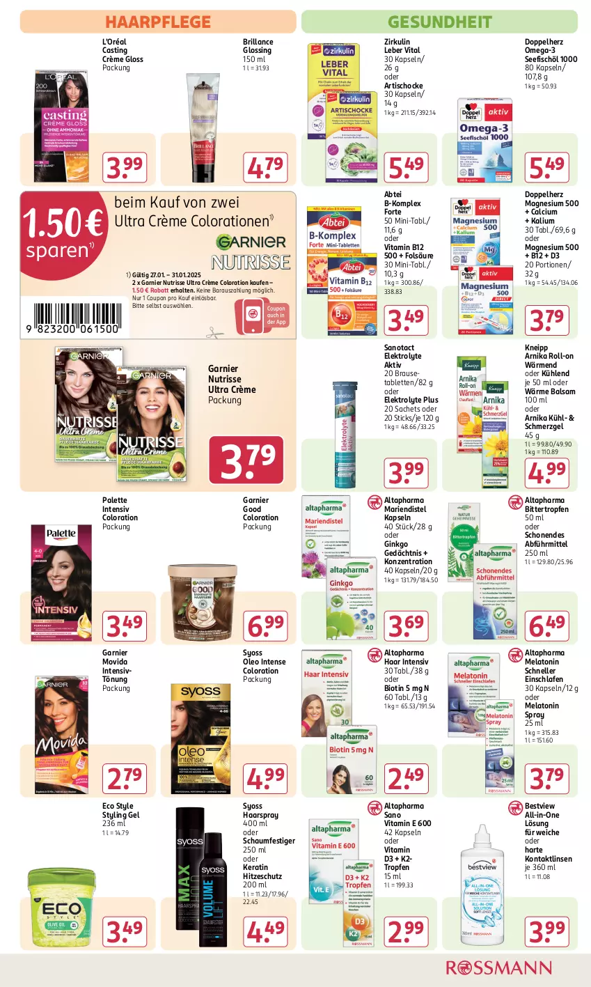 Aktueller Prospekt Rossmann - Prospekte - von 06.01 bis 31.01.2025 - strona 9 - produkty: Abtei, Altapharma, asti, B-Komplex, balsam, bio, brause, Brausetabletten, brillance, Calcium, Colorationen, coupon, doppelherz, Elektro, elle, fisch, garnier, Gesundheit, gin, haarpflege, haarspray, Intensivtönung, K2, kneipp, linsen, magnesium, Nutrisse, oder schaumfestiger, omega, Omega-3, Palette, roll-on, sac, schaumfestiger, Styling Gel, syoss, tablet, tablett, Tablette, Ti, tisch, vita, Vitamin B, Vitamin D, Yo