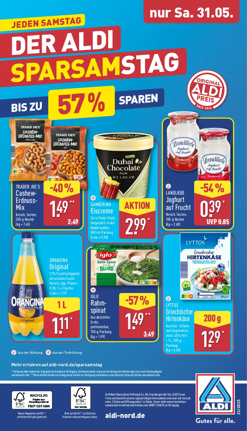 Aktueller Prospekt Aldi Nord - Von Montag - von 26.05 bis 31.05.2025 - strona 38 - produkty: aldi, Amber, aus der tiefkühlung, auto, Becher, beutel, Cashew, creme, eis, eiscreme, erdnuss, flasche, fleisch, frucht, fruchtfleisch, fruchtsaft, gin, hirtenkäse, iglo, joghur, joghurt, Käse, landliebe, magazin, milch, nuss, Nussmix, orangina, papier, saft, spinat, telefon, Ti, ZTE