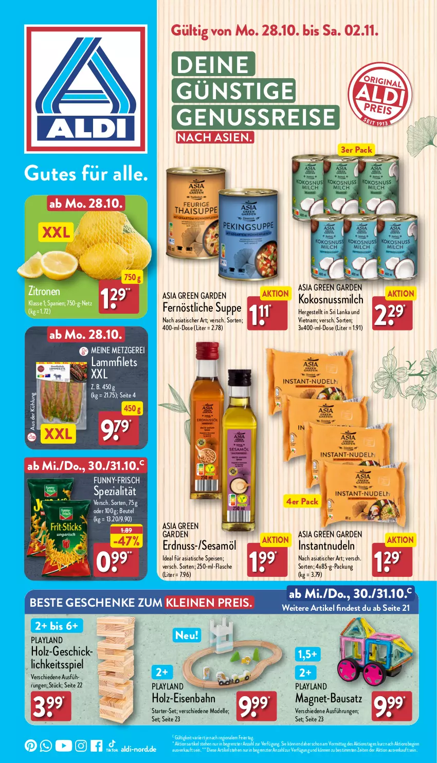 Aktueller Prospekt Aldi Nord - Von Montag - von 28.10 bis 02.11.2024 - strona 1 - produkty: aldi, Asia Green Garden, Bau, beutel, dell, eier, eis, Eisenbahn, elle, erdnuss, filet, filets, flasche, funny-frisch, gin, Holz, kokos, kokosnuss, Kokosnussmilch, lamm, Lammfilets, leine, Magnet-Bausatz, milch, Mode, nudel, nudeln, nuss, reis, sesam, Sesamöl, Spezi, suppe, Ti, tisch, zitrone, zitronen, ZTE