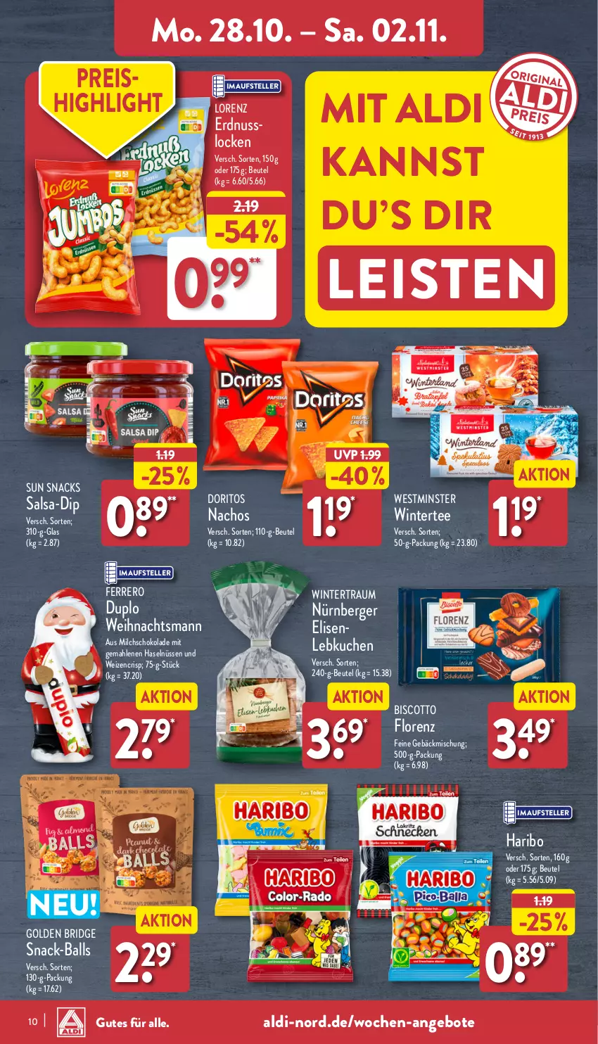 Aktueller Prospekt Aldi Nord - Von Montag - von 28.10 bis 02.11.2024 - strona 10 - produkty: aldi, angebot, angebote, ball, Berger, beutel, biscotto, dip, Doritos, duplo, eis, elle, erdnuss, Feine Gebäckmischung, ferrero, gebäckmischung, haribo, kuchen, Lebkuchen, lorenz, milch, nacho, Nachos, nürnberger, nuss, reis, Salsa, schoko, schokolade, snack, snacks, Sun Snacks, tee, teller, Ti