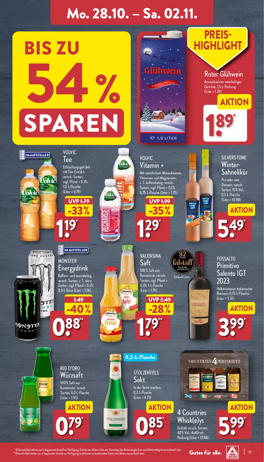 Aktueller Prospekt Aldi Nord - Von Montag - von 28.10 bis 02.11.2024 - strona 11 - produkty: Alwa, dessert, drink, eis, elle, erfrischungsgetränk, flasche, getränk, gin, Glühwein, likör, magnesium, mineralwasser, monster, Monster Energy, primitivo, reis, rotwein, saft, sahne, sekt, tee, teller, Ti, valensina, vita, Vitamine, volvic, wasser, wein, ZTE, zucker