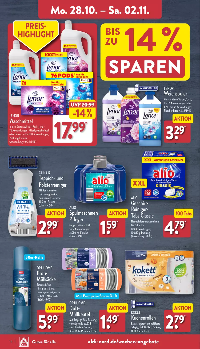 Aktueller Prospekt Aldi Nord - Von Montag - von 28.10 bis 02.11.2024 - strona 14 - produkty: aldi, angebot, angebote, beutel, bürste, bürsten, Clin, eis, elle, flasche, geschirr, küche, Küchen, küchenrolle, küchenrollen, lenor, lenor waschmittel, lenor weichspüler, Maschinenpfleger, müllbeutel, Pods, reiniger, reis, spülmaschinen, teller, teppich, Ti, tragegriff, waschmittel, weichspüler