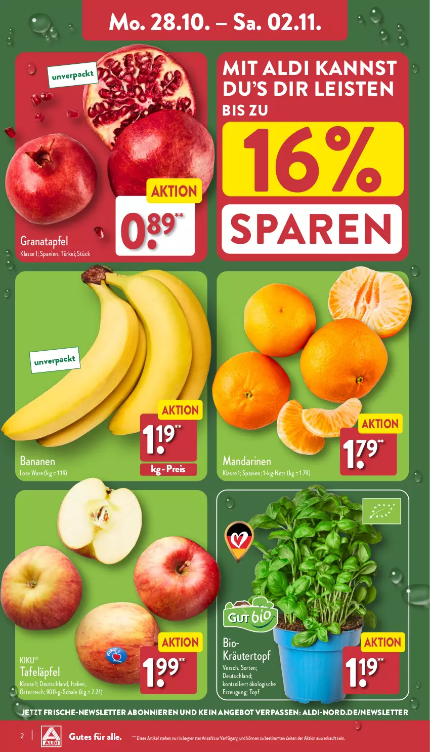 Aktueller Prospekt Aldi Nord - Von Montag - von 28.10 bis 02.11.2024 - strona 2 - produkty: aldi, angebot, apfel, banane, bananen, bio, eis, grana, granatapfel, kräuter, mandarine, mandarinen, Rana, reis, Schal, Schale, tafeläpfel, Ti, topf, trolli, ZTE