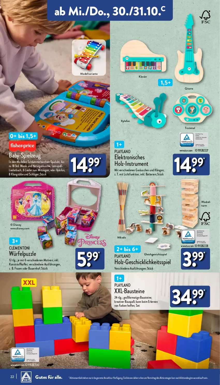 Aktueller Prospekt Aldi Nord - Von Montag - von 28.10 bis 02.11.2024 - strona 22 - produkty: auer, aust, batterie, batterien, Bau, Bauer, buch, dell, disney, Elektro, elle, gin, Holz, koffer, LG, Liederbuch, mikado, Mode, natur, Puzzle, Ria, rum, spielzeug, Ti, trommel, uhr, würfel, ZTE