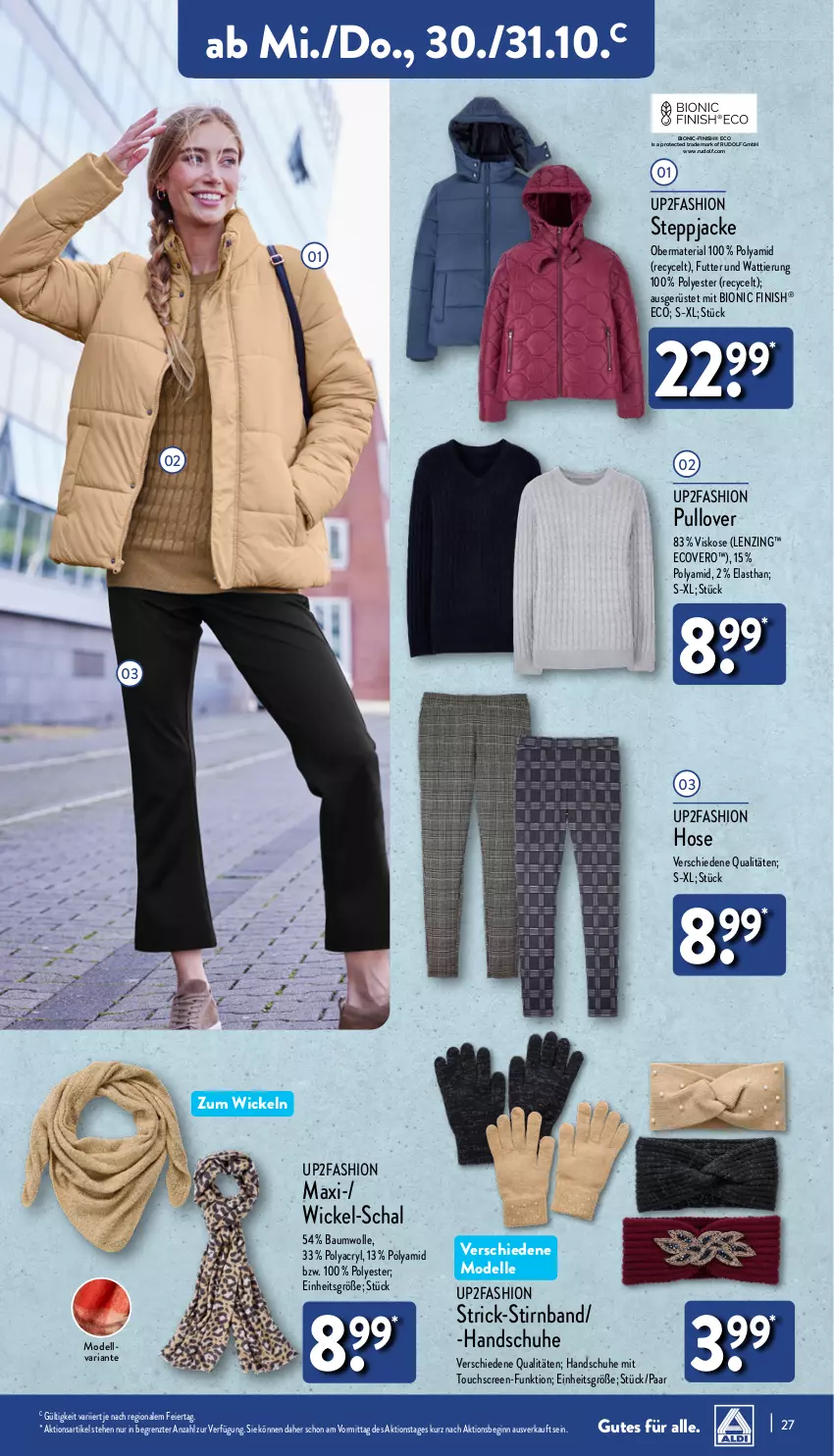 Aktueller Prospekt Aldi Nord - Von Montag - von 28.10 bis 02.11.2024 - strona 27 - produkty: Bau, baumwolle, bio, dell, ecovero, eier, elle, Finish, gin, handschuhe, hose, Jacke, lenzing, Mode, Pullover, Ria, Schal, schuhe, Steppjacke, Ti, touchscreen, up2fashion, WICK, wolle, ZTE