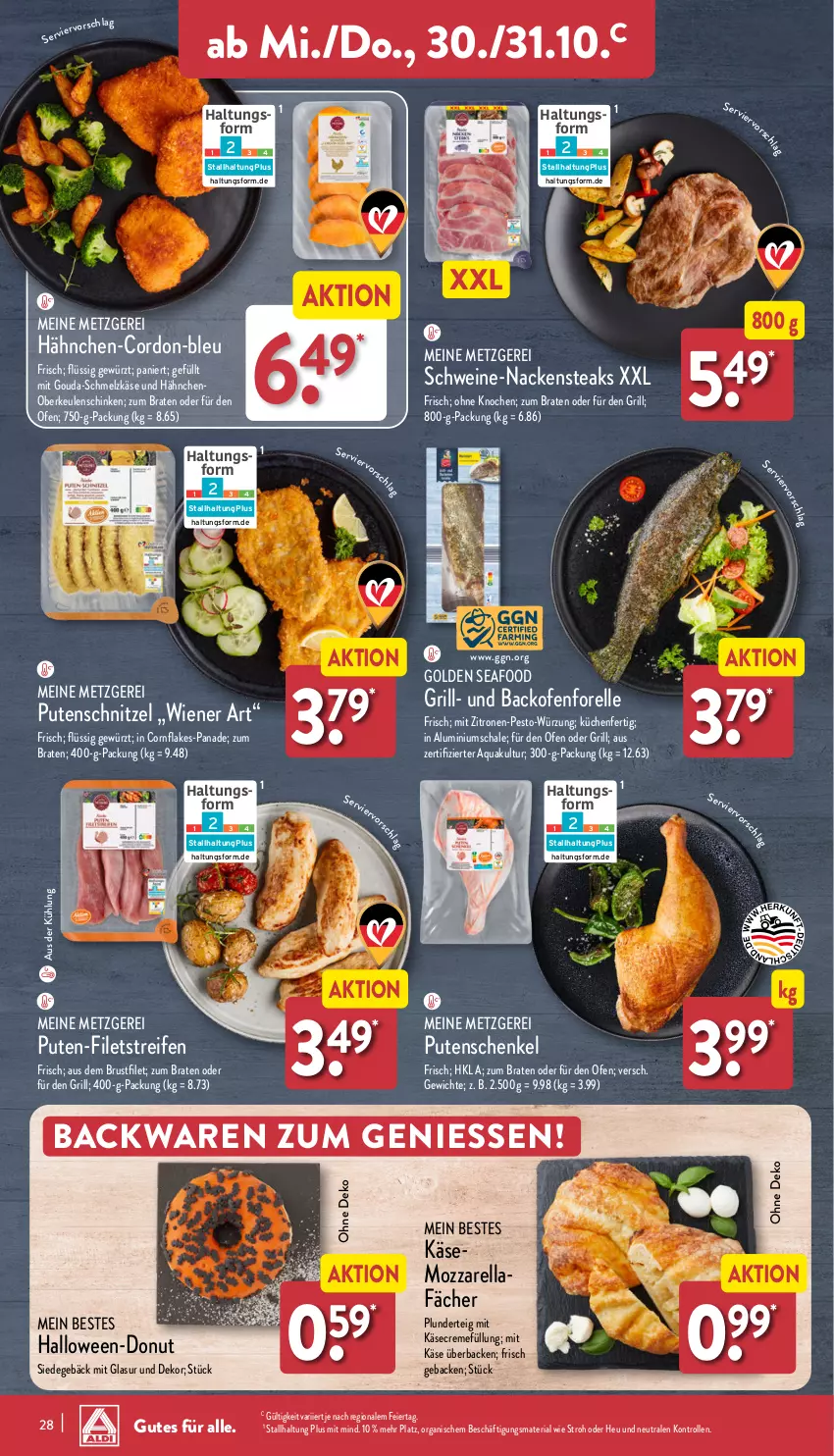 Aktueller Prospekt Aldi Nord - Von Montag - von 28.10 bis 02.11.2024 - strona 28 - produkty: aqua, backofen, backwaren, braten, brustfilet, creme, Donut, eier, elle, filet, filets, flakes, forelle, geback, gewürz, gouda, grill, henkel, Heu, Käse, küche, Küchen, mit gouda, mozzarella, Nackensteak, nackensteaks, Ofen, pesto, Plunder, pute, putenschnitzel, reifen, rel, Ria, Schal, Schale, schenkel, schinken, Schmelzkäse, schnitzel, schwein, schweine, steak, steaks, Ti, wein, weine, wiener, zitrone, zitronen